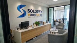 Solodex office in Bao’an, Shenzhen, with the SOLODEX logo wall as the backdrop